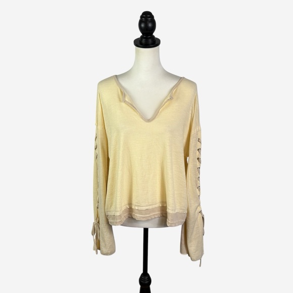 Buckle POL Pieced Top Size M Lace-Up Bell Sleeves Cream Beige Raw Edge Boho - Picture 6 of 13